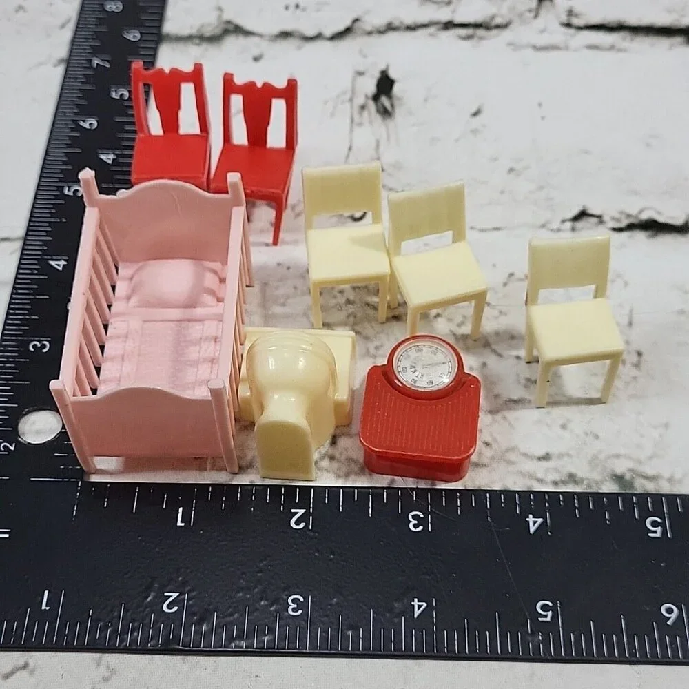 Vintage 50's Marx Dollhouse Furniture Lot of 8 Pieces Crib Chairs Bathroom Scale